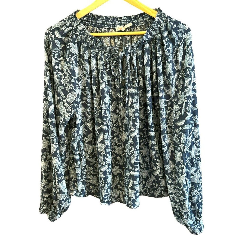 Faherty Blue Esna Floral Bohemian Emery Blouse Size XS Drawstring Peasant Top